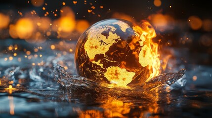 Globe with fire, water, air, and earth elements in the background