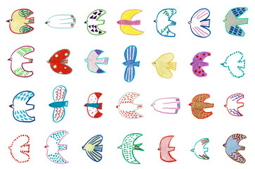 手描きイラスト　カラフルな鳥のセット © K.M.S.P.