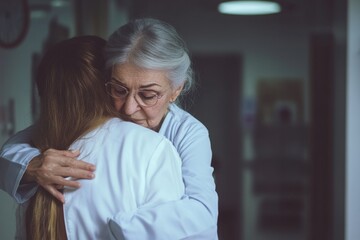 Obraz premium nurse doctor senior care caregiver help assistence retirement home nursing elderly sad depression alone loneliness health support family hand shoulder daughter 