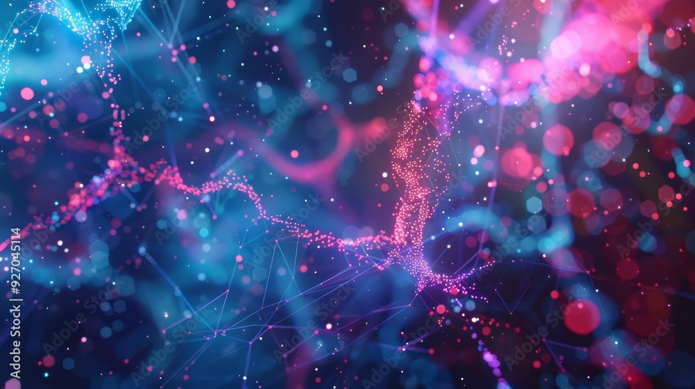 Poster Futuristic 3D animation of neural network in digital space with bright colors