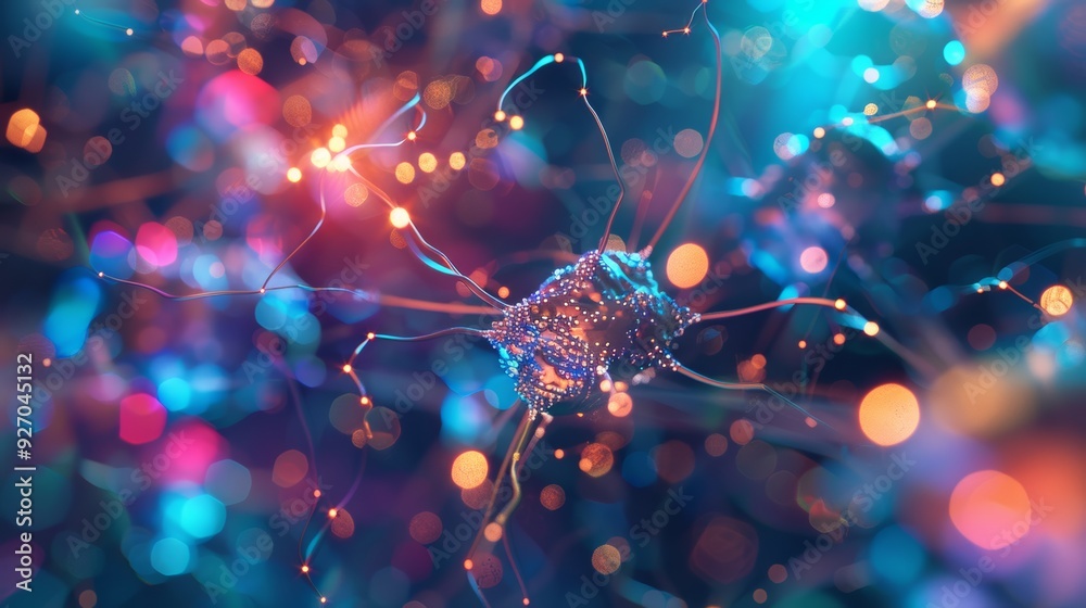 Poster Futuristic 3D animation of neural network in digital space with bright colors