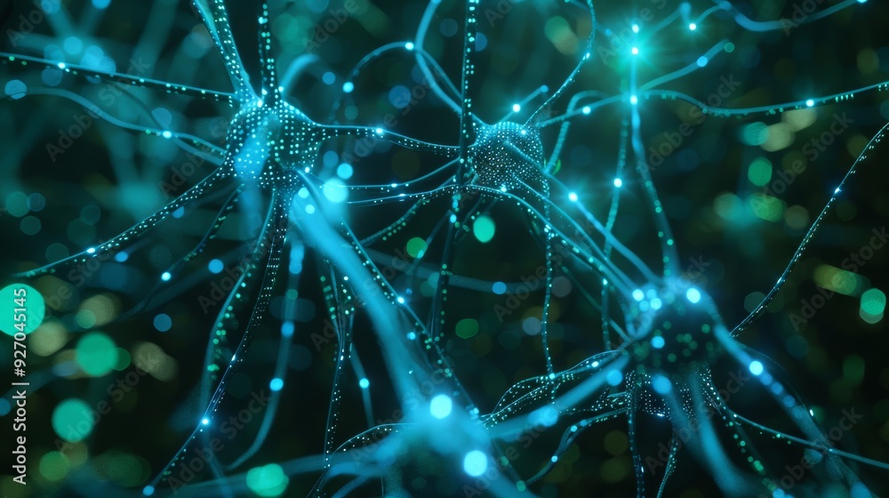 Poster futuristic 3d animation of artificial neural network, glowing blue and green lights