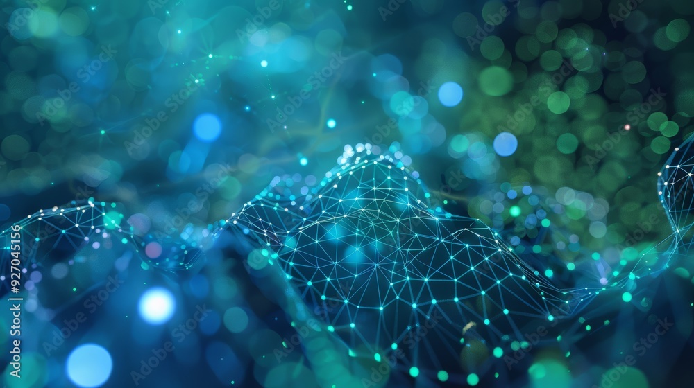 Poster futuristic 3d animation of artificial neural network, glowing blue and green lights