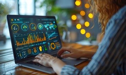 A woman is using a laptop with a screen displaying various graphs and charts