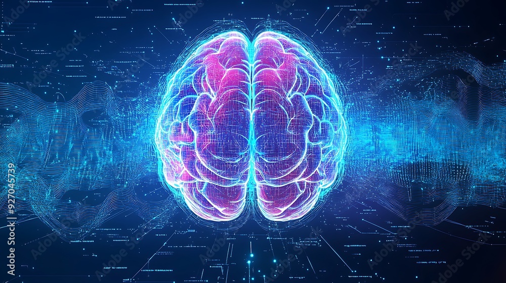 Canvas Prints digital brain illustration on a blue background with lines and dots.
