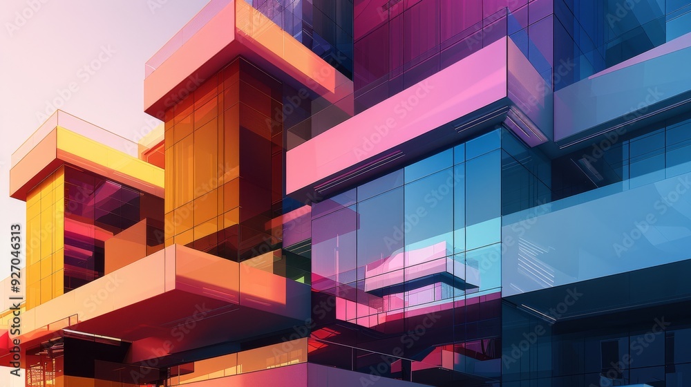 Poster innovative architectural design with overlapping layers in a spectrum of gradient colors