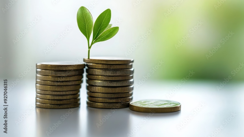 Poster an increasing stack of coins with a small sprout growing from the top coin, showcasing financial adv