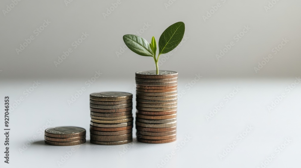 Poster an increasing stack of coins with a small sprout growing from the top coin, showcasing financial adv