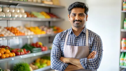 "Indian Grocery Store Owner Smiling" - A portrait of an Indian grocery store owner standing proudly in their store, symbolizing small business ownership.
