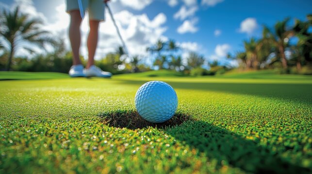 A golfer ready to make a crucial putt, with the ball perfectly aligned near the hole on a sunny day