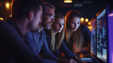 A team of IT professionals working on a digital transformation project in a high-tech environment