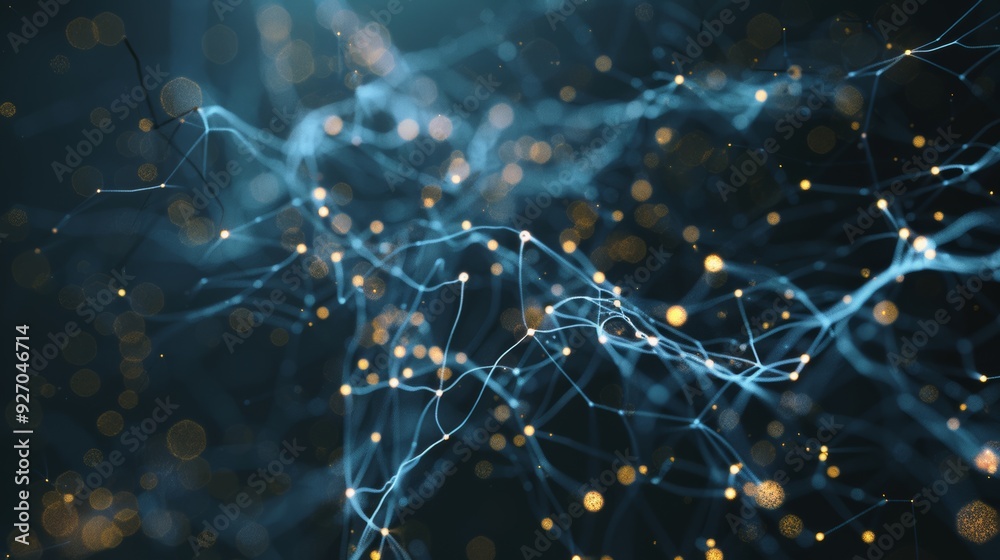 Poster Abstract AI neural network with dynamic connections and light particles, dark background