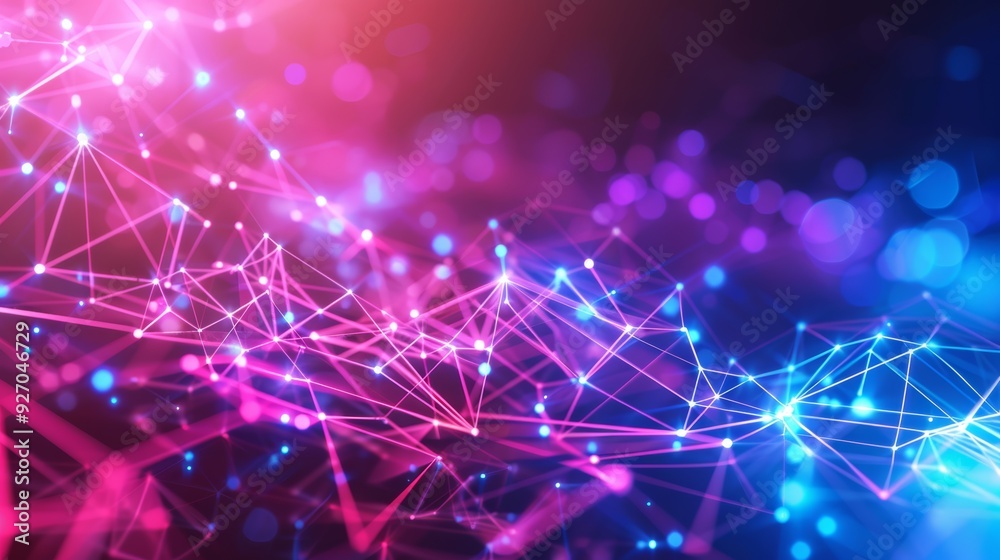 Fototapete Abstract AI technology background with connected dots and lines in neon colors