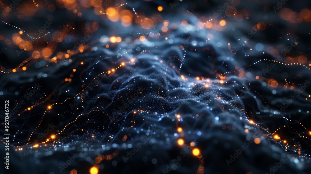 Poster Abstract AI neural network with dynamic connections and light particles, dark background