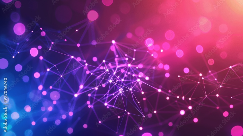 Poster Abstract AI technology background with connected dots and lines in neon colors