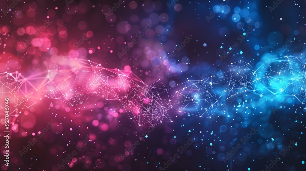 Poster Abstract AI technology background with connected dots and lines in neon colors
