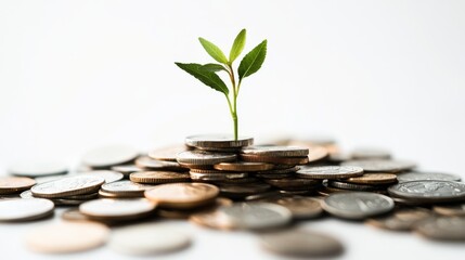 A pile of coins with a plant growing from the center, representing financial success and growth