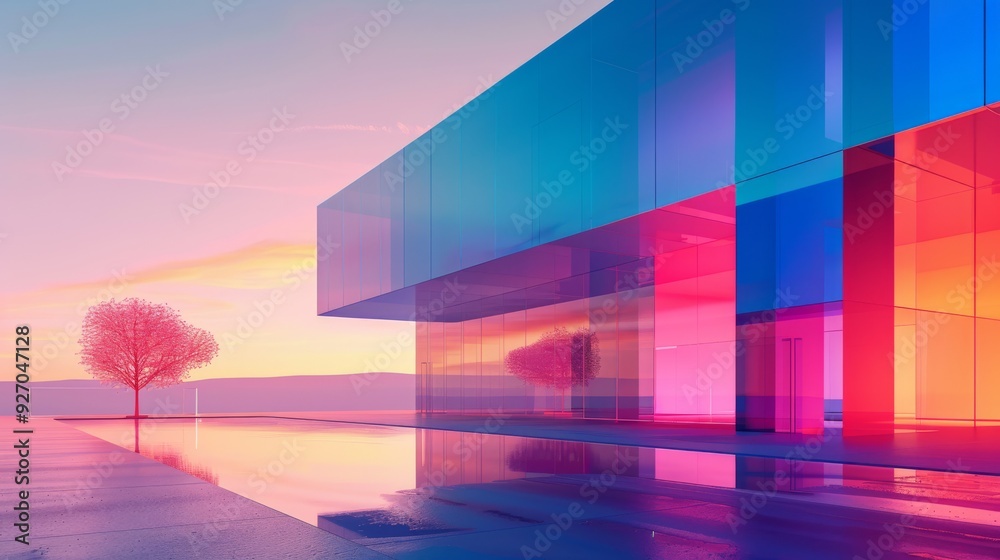 Poster futuristic building with a vibrant color gradient facade that transitions from deep blue to bright pink
