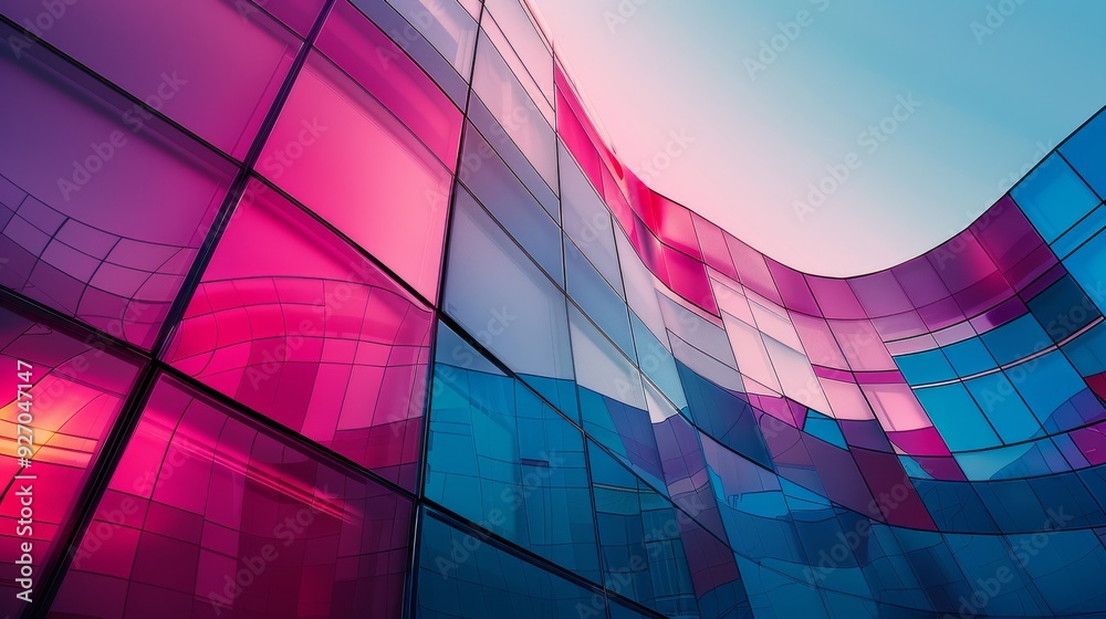 Poster futuristic building with a vibrant color gradient facade that transitions from deep blue to bright pink