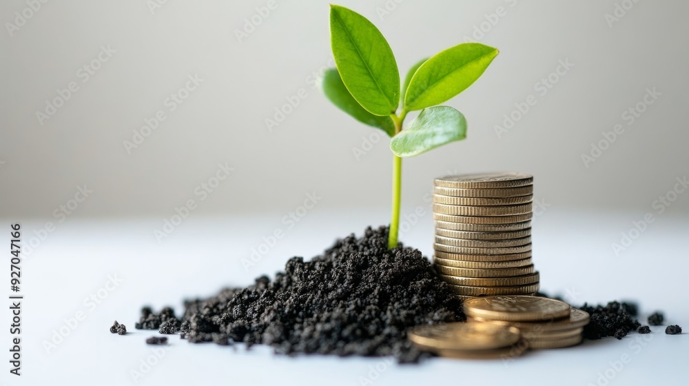 Poster a close-up of a growing plant with a small stack of coins beside it, representing the growth of savi