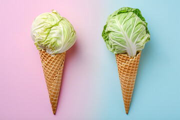 Brussels sprouts ice cream. Cabbage placed on a top of waffle cone. Minimal creative food and diet concept. Vegan, vegetarian healthy food, healthy eating concept. Flat lay, top view with copy space