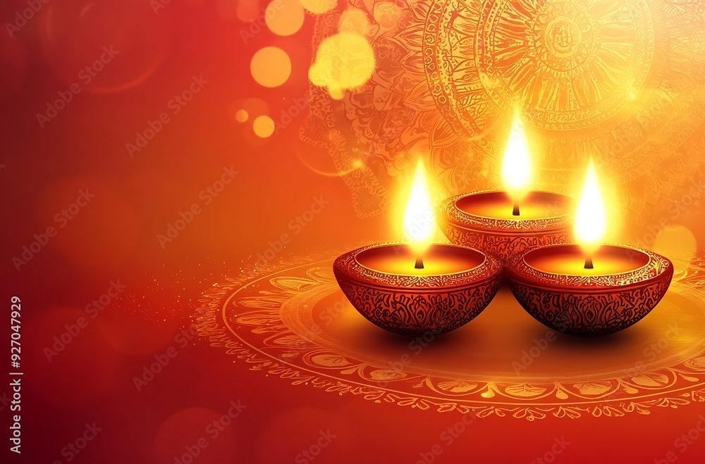 Wall mural colorful happy diwali festival with bokeh lights and oil lamp diwali festival background