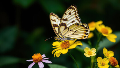 A butterfly is sitting on a yellow flower