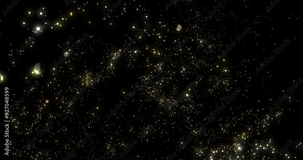 Poster Glitter, gold particles and dark background for motion, wallpaper and universe abstract or star constellation. Digital sparkle, graphic and effect for space, lights and movement in galaxy rotation