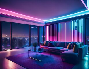 Fototapeta premium A modern room bathed in vibrant neon lights, with hues of blue, purple, and pink creatin