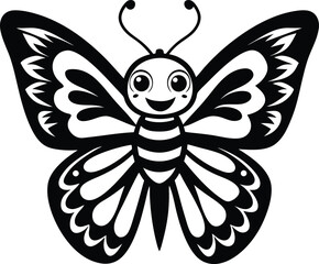 Cute butterfly in doodle style illustration black and white