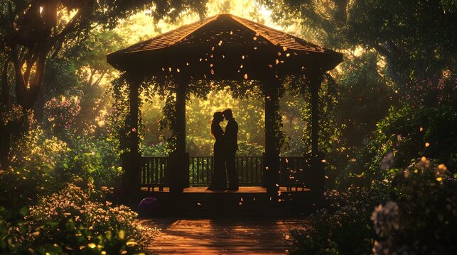 46. A couple sharing a quiet moment in a lush garden gazebo with soft, romantic lighting and a view of blooming flowers and greenery - Powered by Adobe