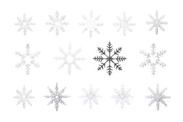 Fototapeta premium Various white snowflakes in diverse forms Isolated on white background
