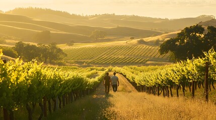 49. A couple enjoying a leisurely stroll through a picturesque vineyard with rolling hills, grapevines, and a soft, golden light of late afternoon