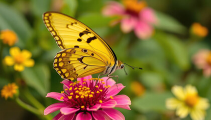 Obraz premium A butterfly is sitting on a yellow flower