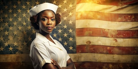 African American nurse in classic white uniform and cap standing proudly in front of vintage distressed American flag with warm golden light and subtle texture.