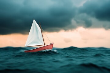 A lone sailboat navigates choppy waters under a dramatic stormy sky. The small boat appears resilient against the looming clouds.