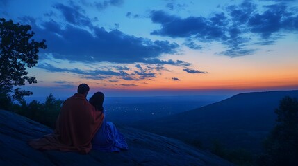 10. A romantic evening on a secluded mountain overlook, with a couple wrapped in a blanket and a panoramic view of the valley below