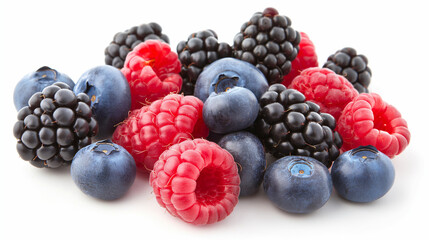 Wild berries mix, raspberry, blueberries, blackberries isolated on white background, full depth of field. Generative AI.