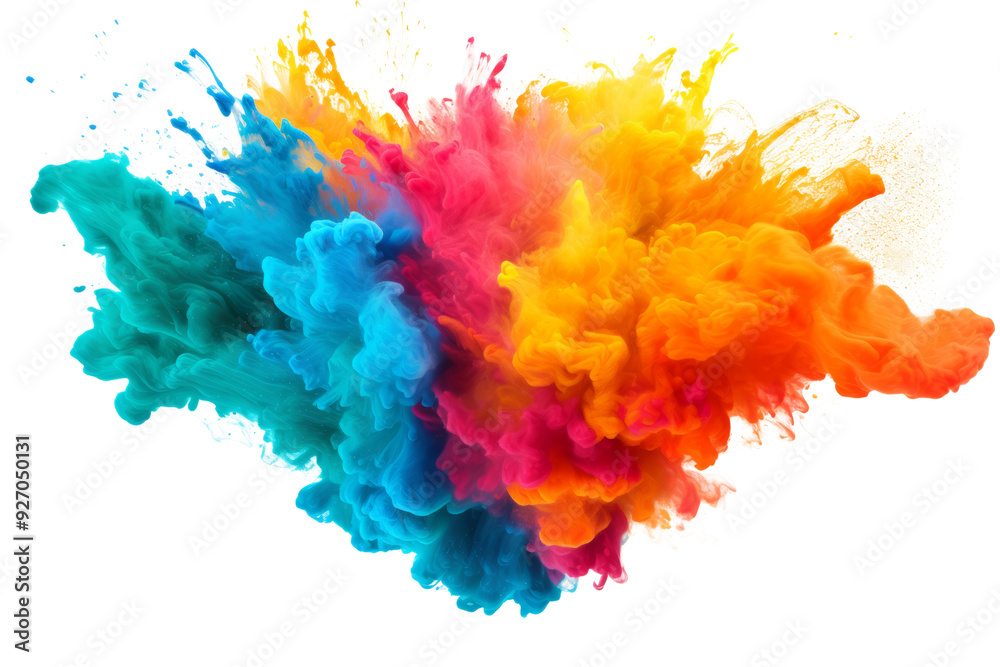 Poster dynamic explosion of colorful holi powder isolated on white background