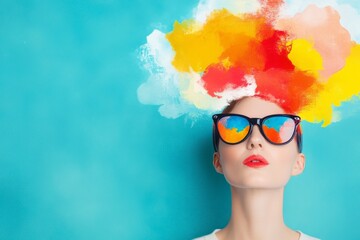 A woman with sunglasses and red lipstick looks upwards with colorful paint splatters above her head.