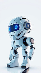 A robot with a green eye and orange earbuds