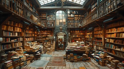 Obraz premium Rustic and Nostalgic Vintage Bookstore Filled with Cozy Shelves of Old Books