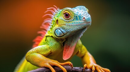 Green iguana posing on a branch in a tropical forest