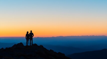 18. A romantic sunrise view from a mountaintop with a couple gazing at the horizon, silhouetted against the early morning light