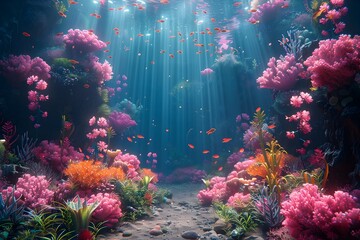 Fototapeta premium Whimsical Underwater Mermaid Kingdom with Vibrant Coral and Mesmerizing Marine Life