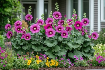 Fototapeta premium Hollyhock flowers blooming in a garden during springtime