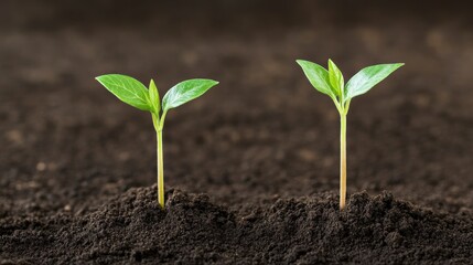 Fototapeta premium Two green seedlings emerge from rich dark soil, symbolizing new life and growth.