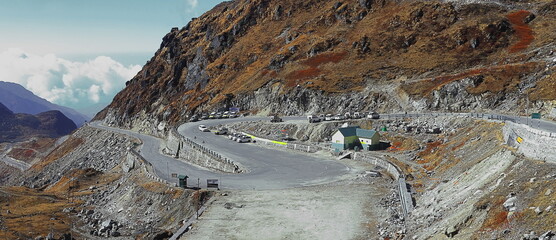 zig zag mountain road and alpine himalayan highland region of east sikkim near nathu la pass close to the india china international border