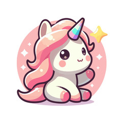 flat logo of a Cute baby unicorn animal 3d rendering cartoon character on a white background