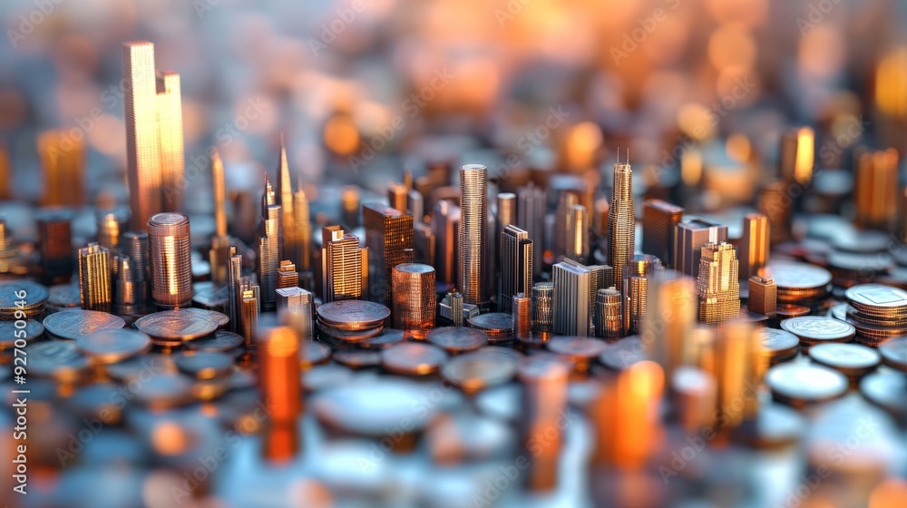Poster overlay of a bustling cityscape on top of a background of neatly arranged coins, symbolizing the fus
